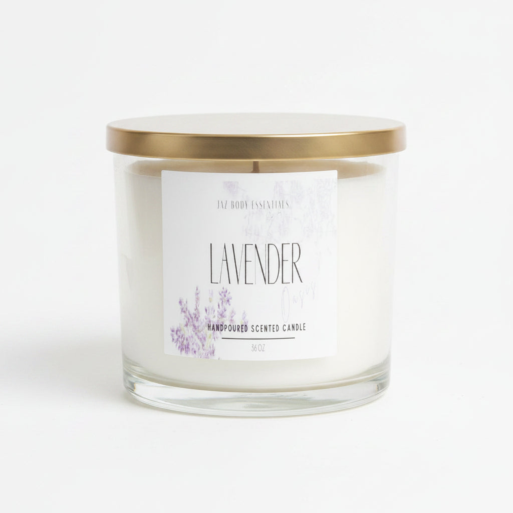 Lavender scented candle with a gold lid on a white background