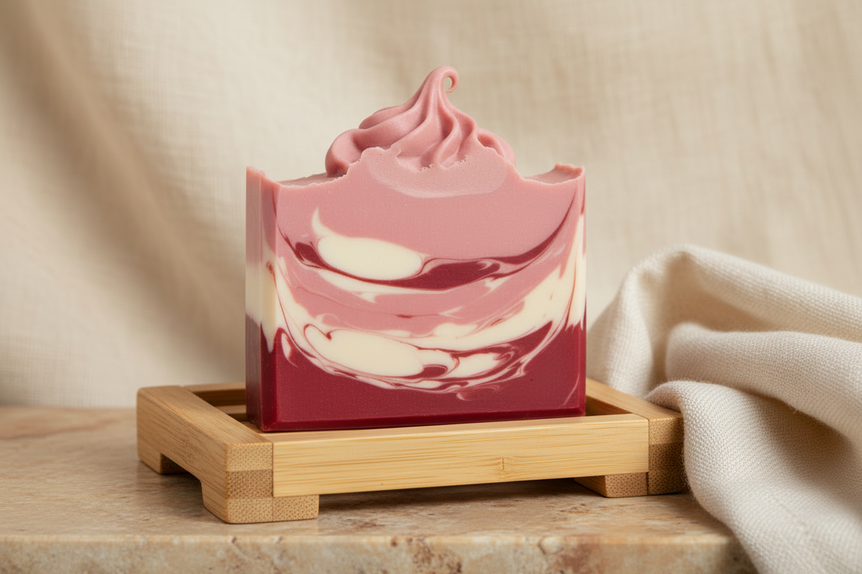 Pink and white soap bar on a wooden stand with a beige background