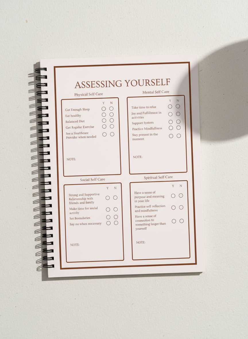 Checklist for assessing self-care habits in physical, mental, social, and spiritual areas on a light pink background.