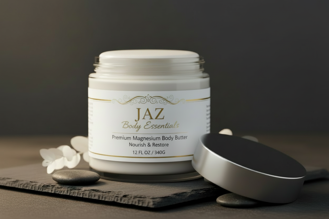 Jaz Body Essentials body butter jar with a dark background