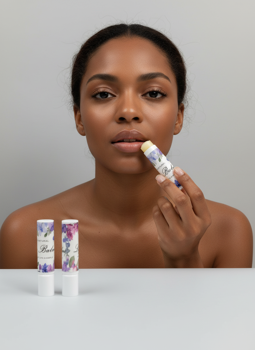 Woman applying lip balm with visible lip balm tubes on a neutral background
