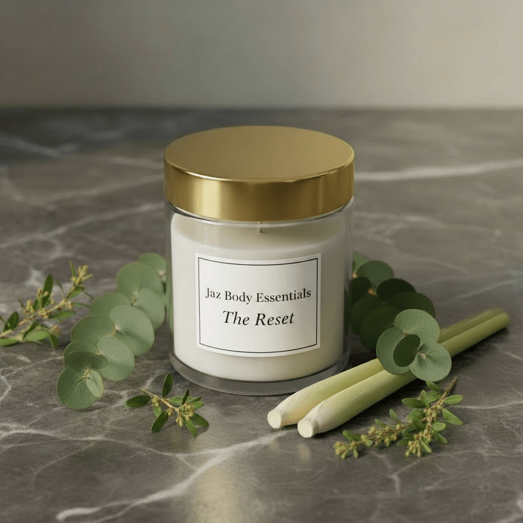 The Reset Candle — Lemongrass & Eucalyptus surrounded by eucalyptus leaves and lemongrass on a marble surface.