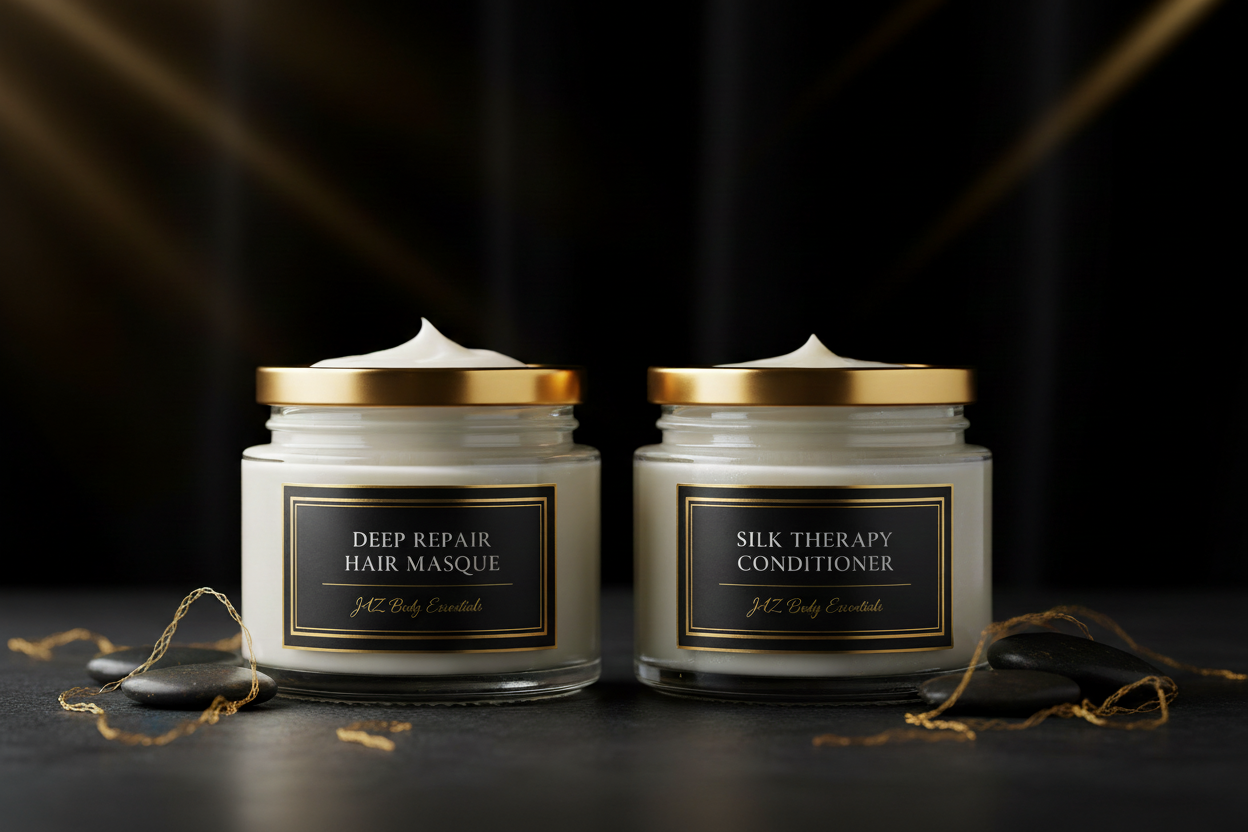 Two jars of 'Deep Repair Hair Masque' and 'Silk Therapy Conditioner' on a dark background