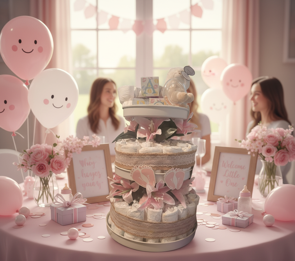 Baby shower setup with a diaper cake, balloons, and decorations.