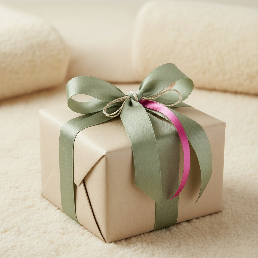 Gift box wrapped in brown paper with a green ribbon on a beige surface