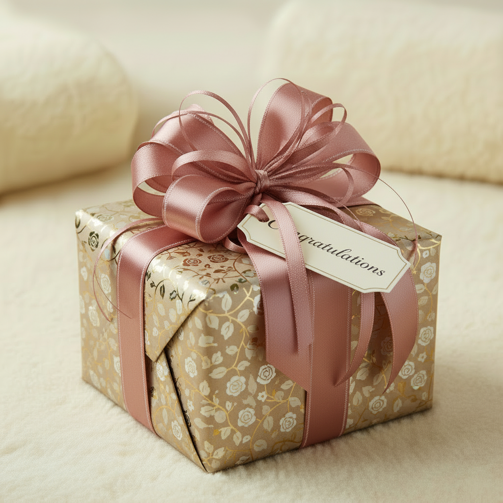 Gift box with floral pattern and pink ribbon on a soft beige background