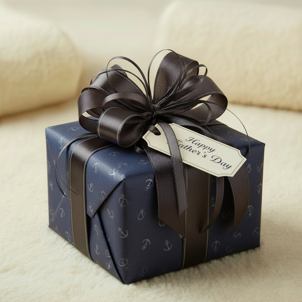 Gift box with navy blue wrapping paper and brown ribbon, featuring a 'Happy Father's Day' tag.