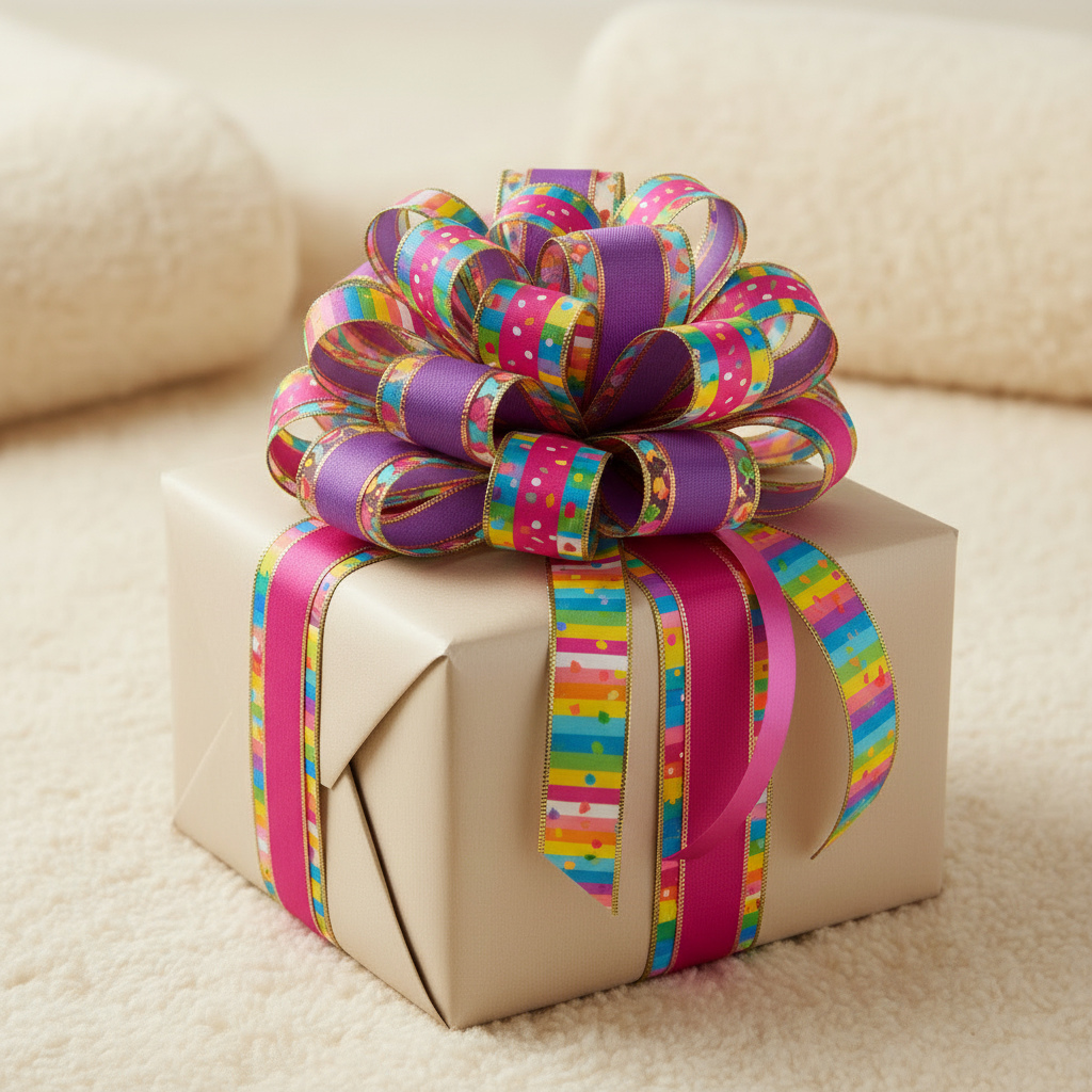 Beige gift box with a large, colorful ribbon on a beige surface