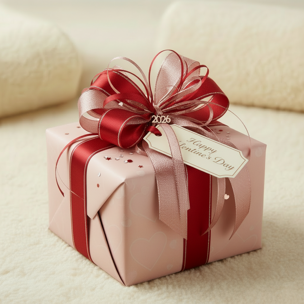 Gift box with a red ribbon and 'Happy Valentine's Day' tag on a beige background