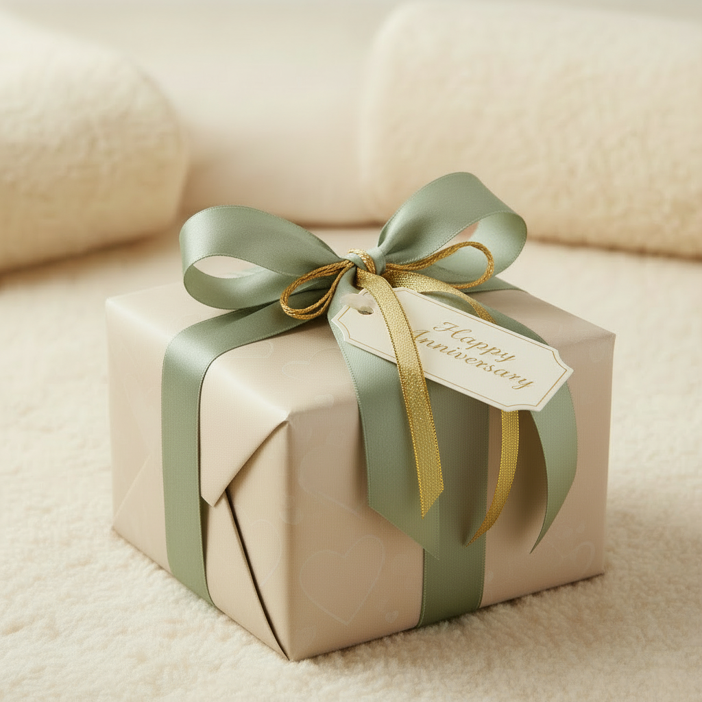 Gift box wrapped in beige paper with a green ribbon and 'Happy Anniversary' tag on a soft beige background