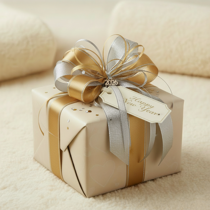 Gift box with a gold and silver bow and 'Happy New Year' tag on a beige background