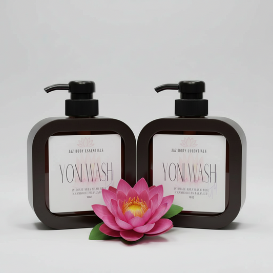 Two bottles of Yoni Wash with a pink flower on a light gray background