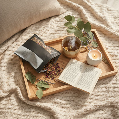 A pouch labeled 'HERBAL YONI STEAM' placed on a wooden surface with green leaves in the background, suggesting the product is related to feminine care and herbal steaming.