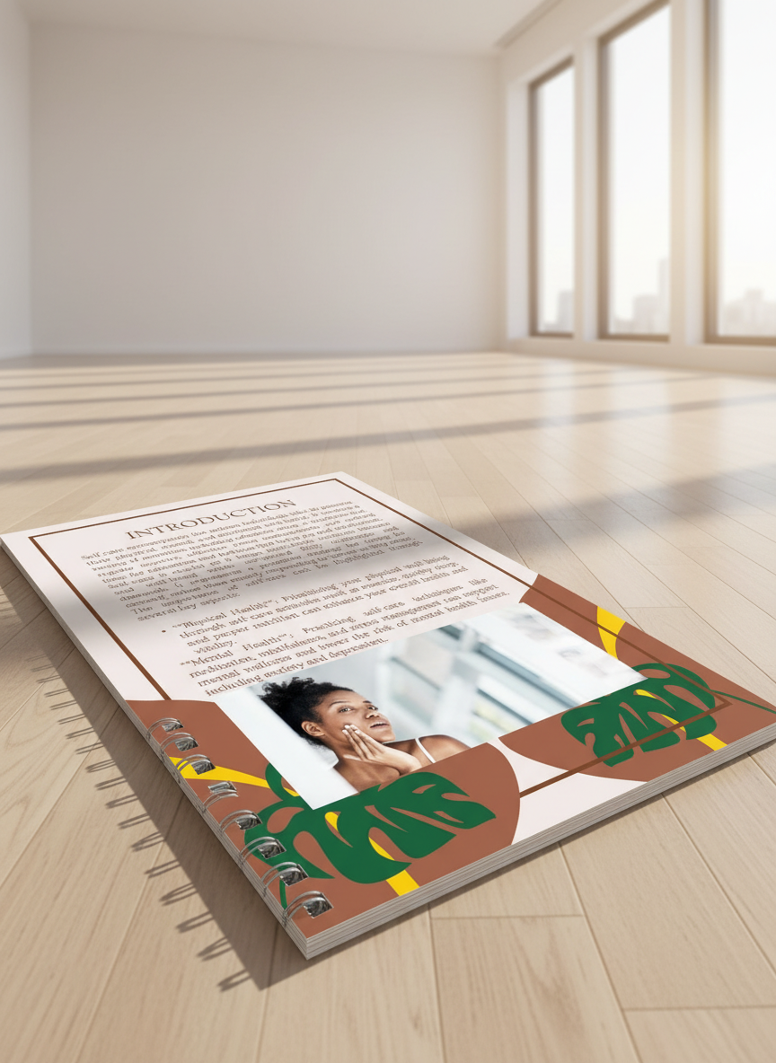 Text about self-care with a person applying cream to their face on a decorative background