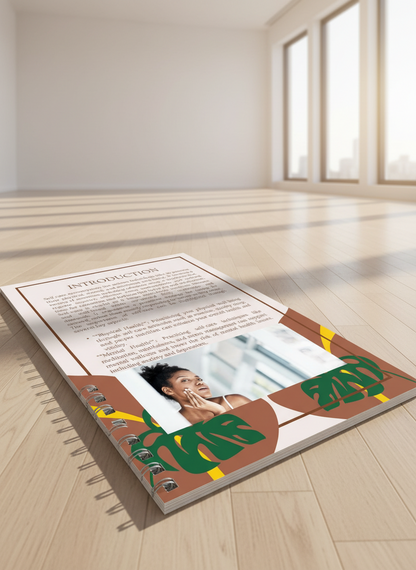 Text about self-care with a person applying cream to their face on a decorative background