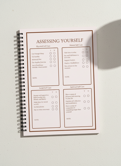 Checklist for assessing self-care habits in physical, mental, social, and spiritual areas on a light pink background.