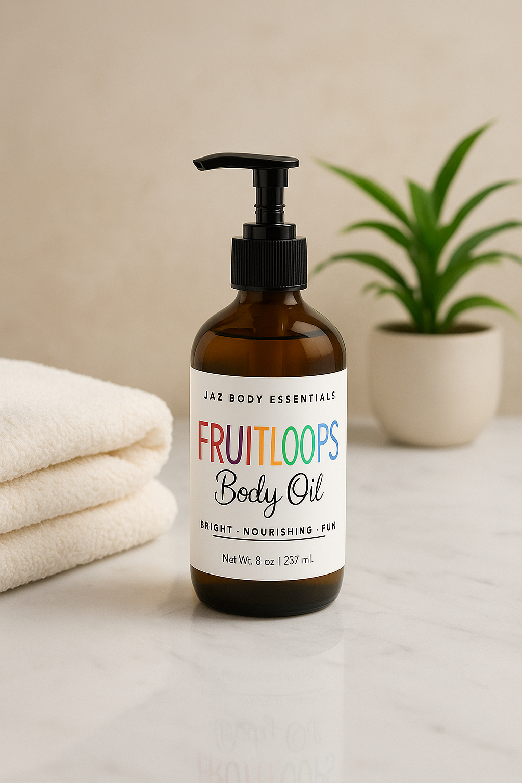 Bottle of Jaz Body Essentials Fruitloops Body Oil on a neutral background with a towel and plant.