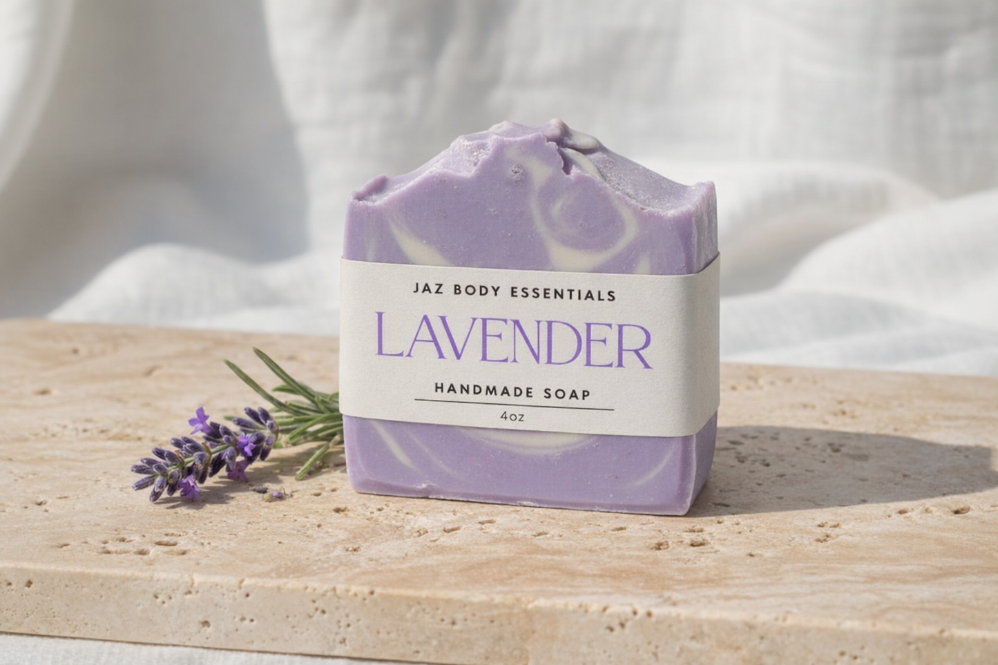 Lavender handmade soap bar with a label on a wooden surface