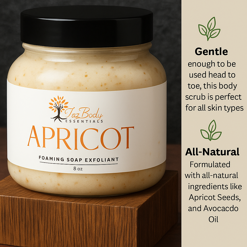 Jar of apricot body scrub with Jaz Body Essentials branding on a wooden block.