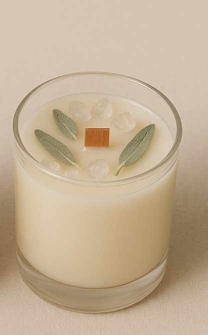 Three small candles in glass containers with decorative elements on a beige background