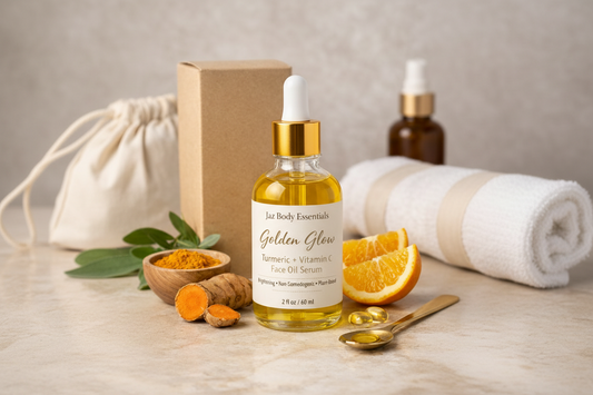 Bottle of Jaz Body Essentials Golden Glow Face Oil Serum with ingredients on a wooden surface.