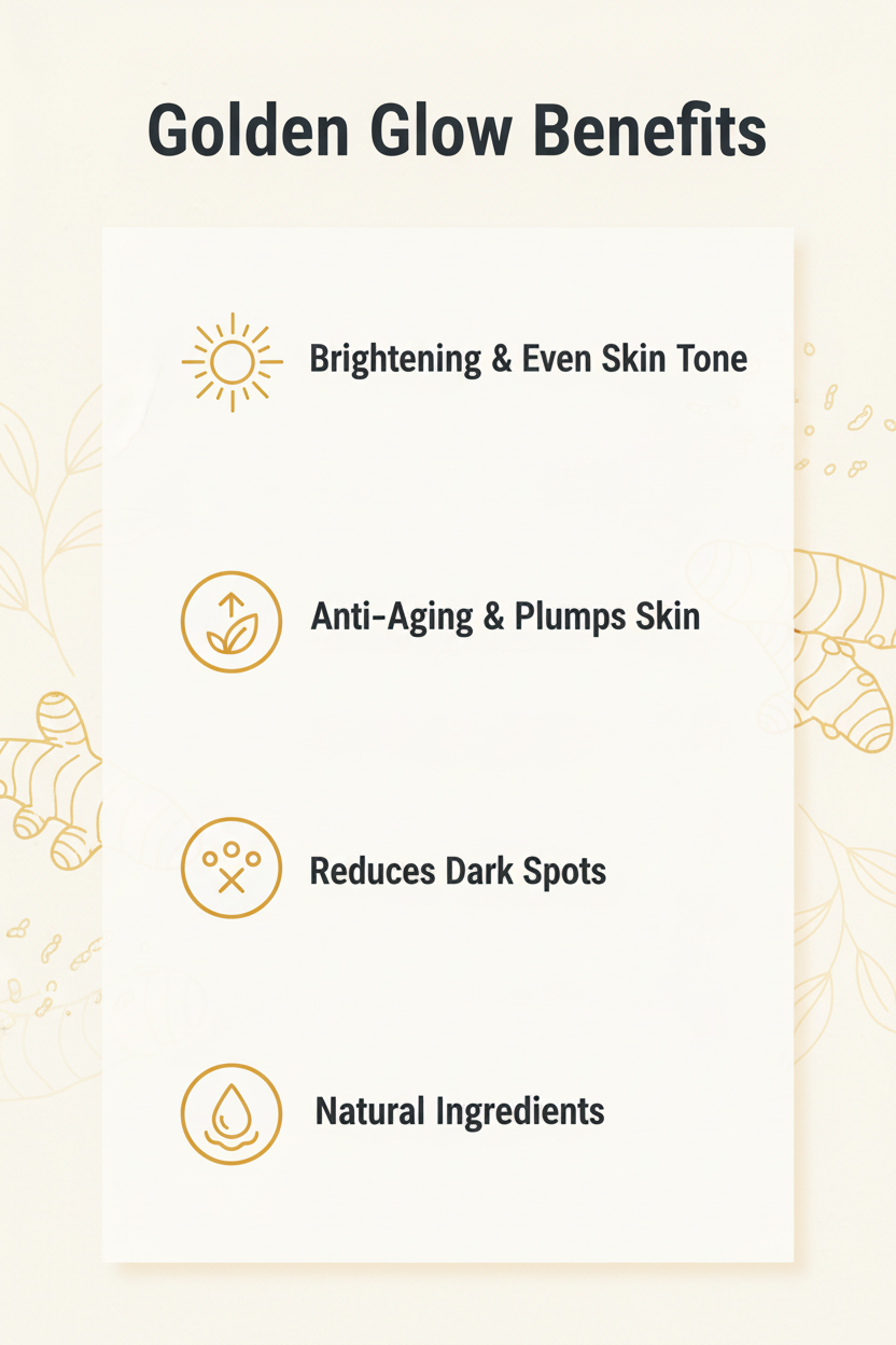 Bottle of 'Golden Glow' face oil serum on a wooden surface with turmeric, oranges, and towels.