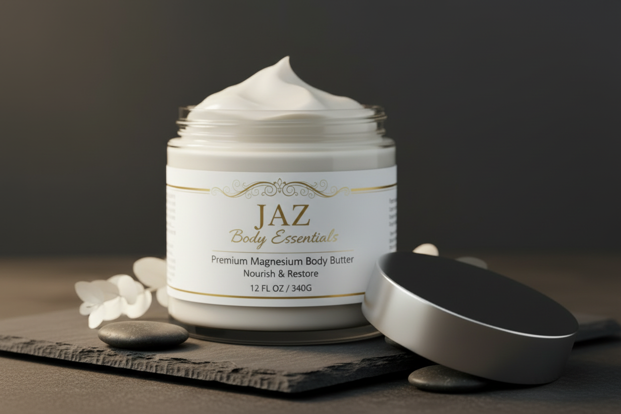 Jaz Body Essentials body butter jar with a dark background