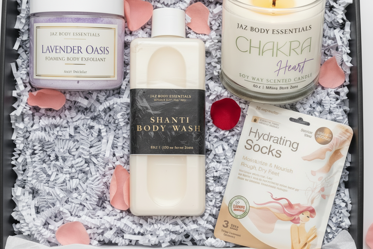 Assorted Jaz Body Essentials products including a bottle, candle, and packaging on a textured surface with pink petals.