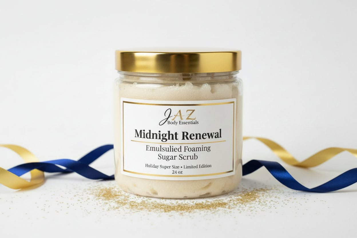 JAR of 'Midnight Renewal' emulsified foaming sugar scrub with gold lid on a white background