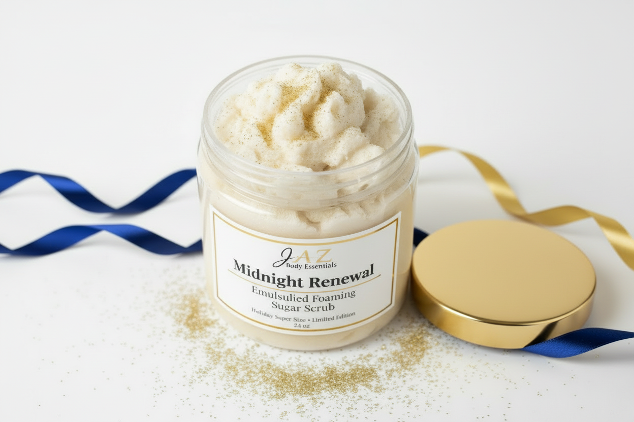 JAR of 'Midnight Renewal' emulsified foaming sugar scrub with gold lid on a white background