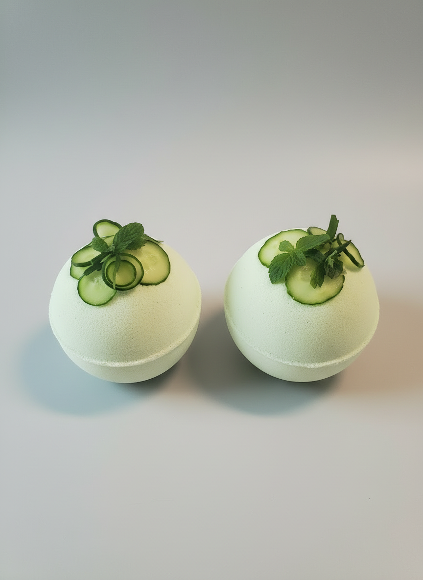 Two bath bombs with cucumber slices on a light gray background