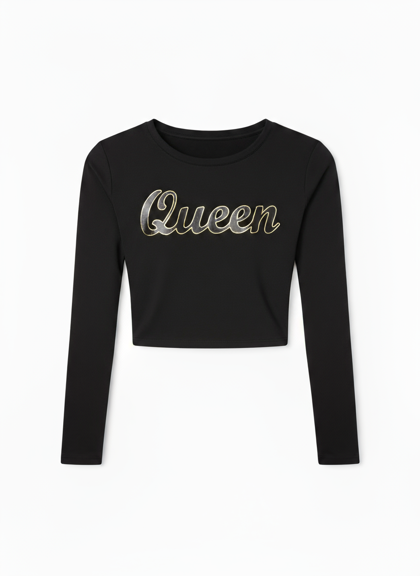 Top corto ajustado de manga larga con cuello redondo | Top de manga larga Print Queen