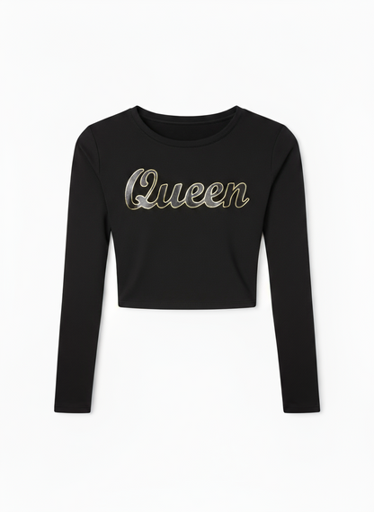 Haut court ajusté à manches longues et col ras du cou | Haut à manches longues Print Queen