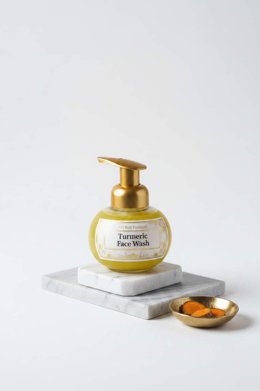 A bottle of Turmeric Face Wash with a white pump dispenser and yellow liquid, styled on a white marble block with turmeric roots, mint leaves, and dark amber bottles on a dark rustic wooden table.