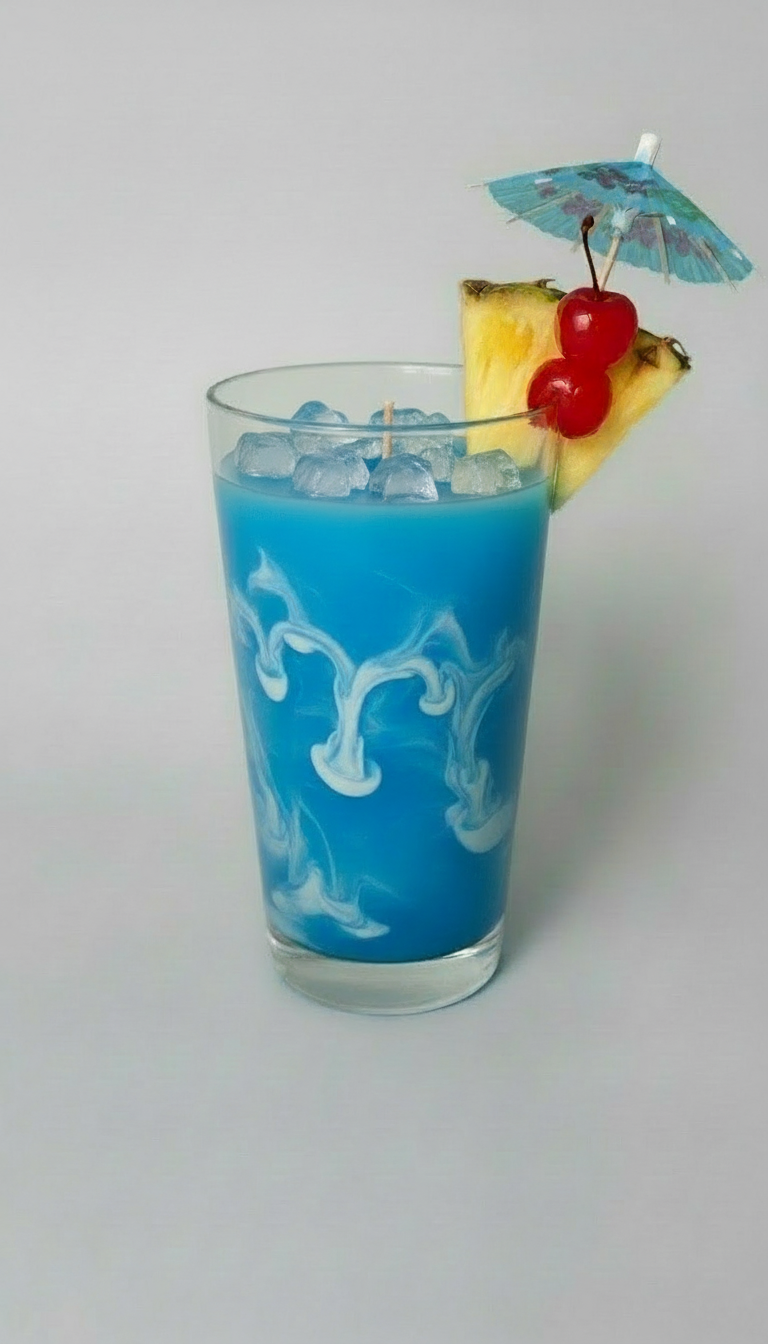 Blue candle in a glass container with  gray background