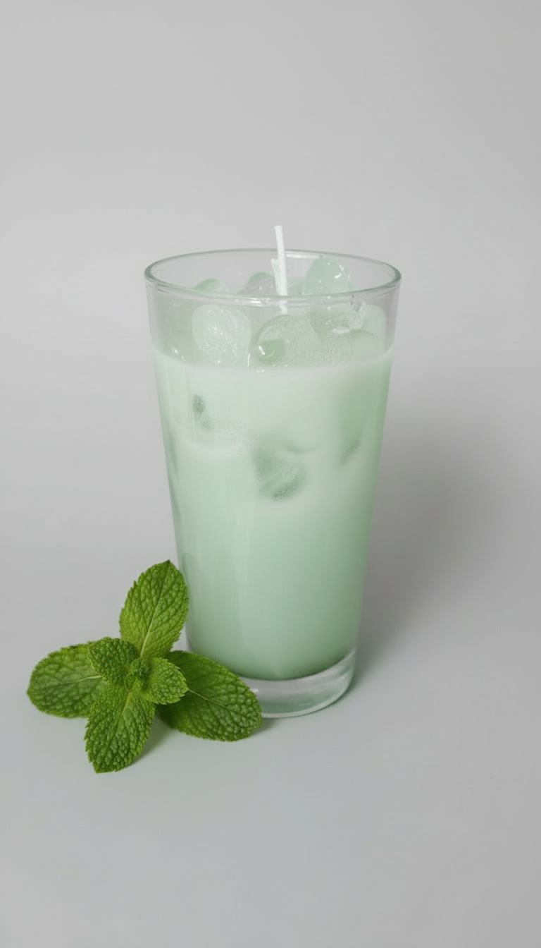 Glass of green iced drink with a white candle on a light gray background