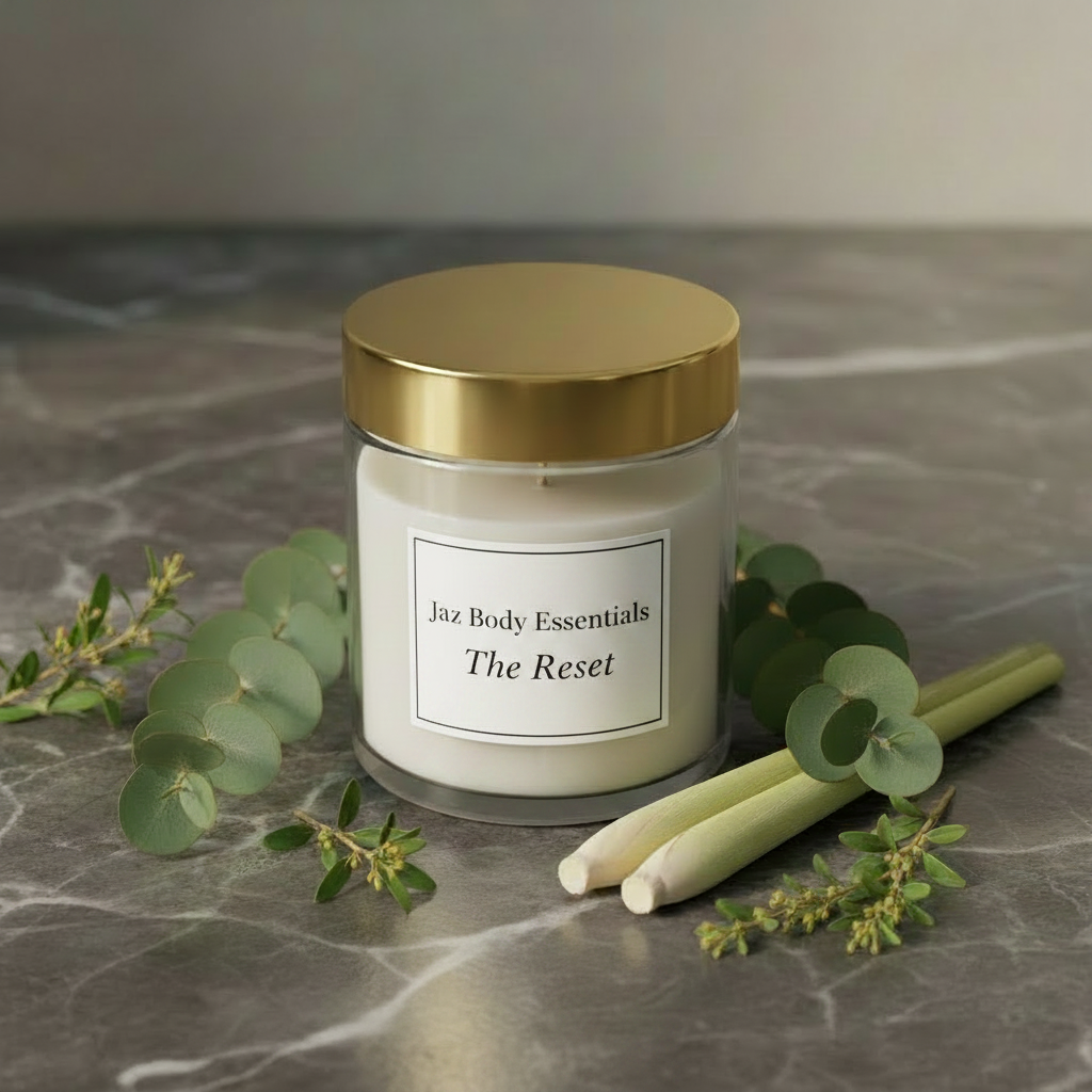 Hand-poured lemongrass and eucalyptus candle in amber glass jar with gold lid on dark marble surface