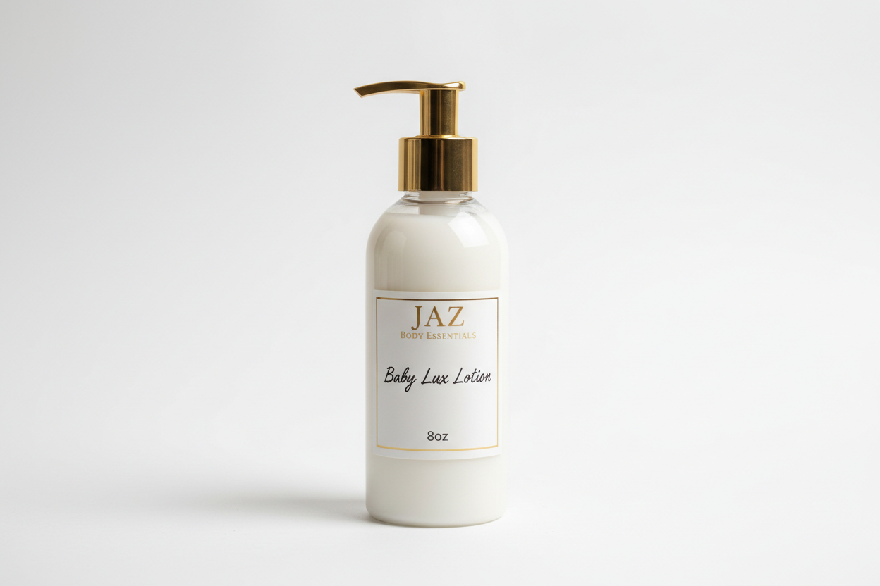 Jaz body Essentials, and the product is Baby Lux Lotion, and 8oz.  White label