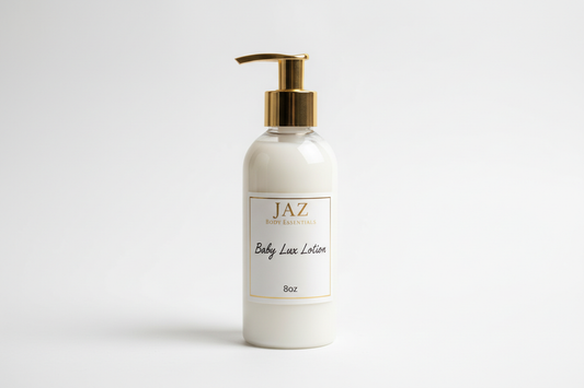 Jaz body Essentials, and the product is Baby Lux Lotion, and 8oz.  White label