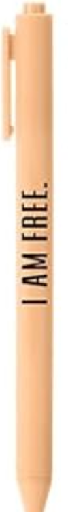 Peach-colored pen with 'I AM FREE' text on a white background