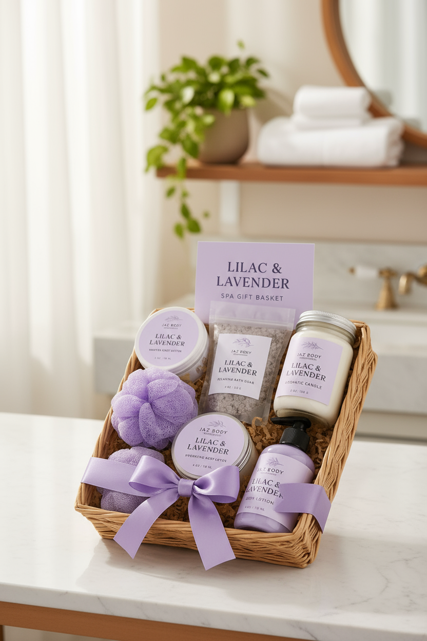 Lilac & Lavender spa gift basket with various products in a woven basket.