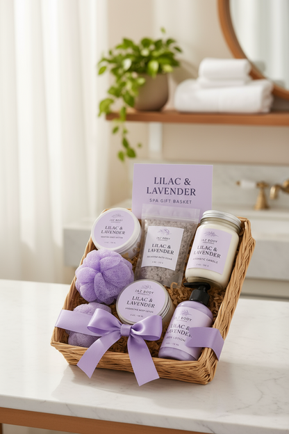 Lilac & Lavender spa gift basket with various products in a woven basket.