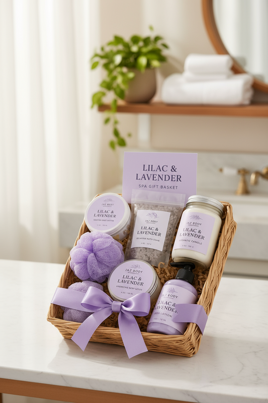 Lilac & Lavender spa gift basket with various products in a woven basket.
