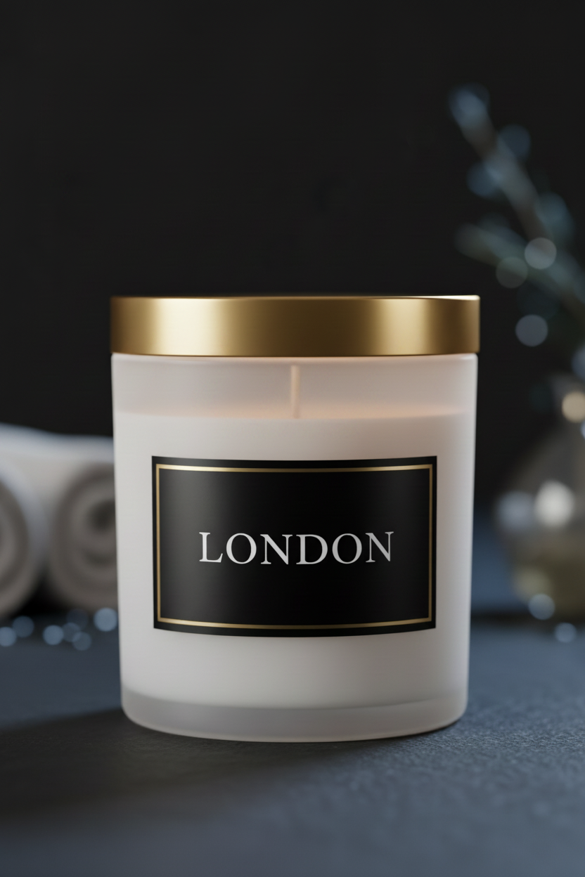 A frosted glass candle jar with a gold metal lid and a black label reading 'LONDON' in white text, set against a dark moody background with soft decorative