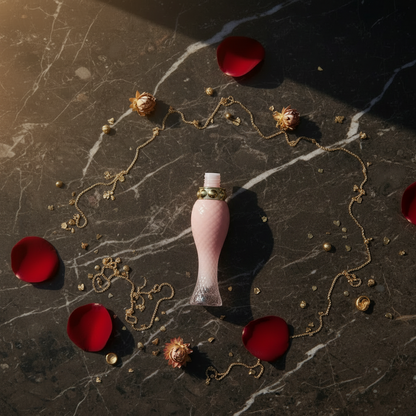 Four decorative bottles with gold caps on a dark marble surface with red petals and small gold objects.