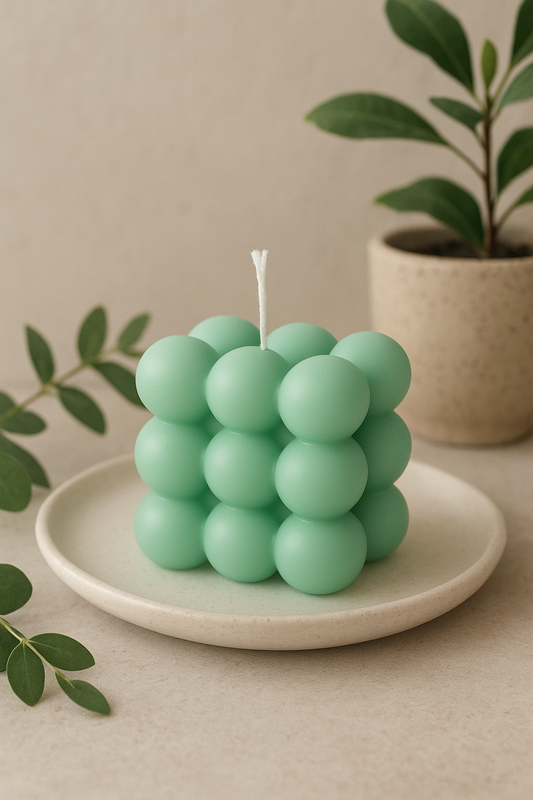 Green bubble candle on a white plate with a plant in the background