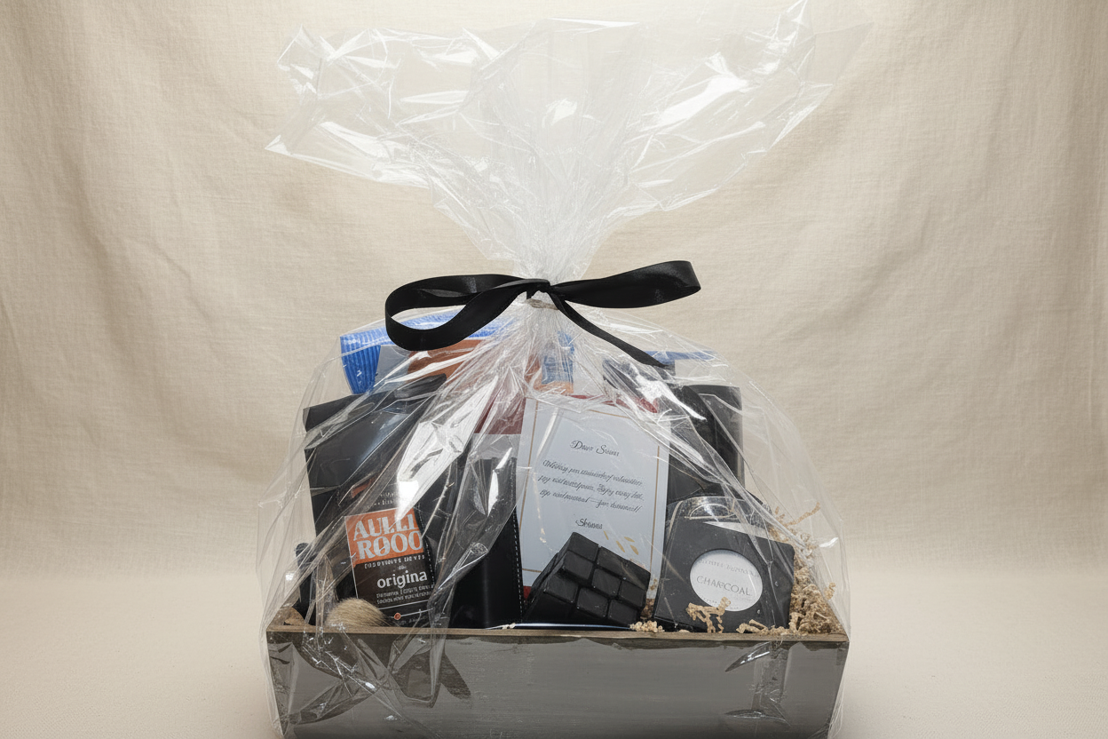 Gift basket with items wrapped in clear cellophane and a black ribbon on a beige background.
