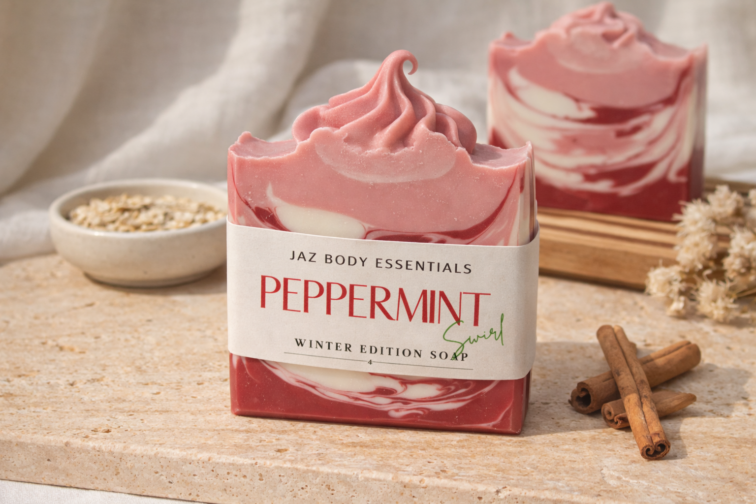 Peppermint soap bar with Jaz Body Essentials packaging on a wooden surface.