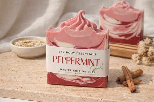 Peppermint soap bar with Jaz Body Essentials packaging on a wooden surface.