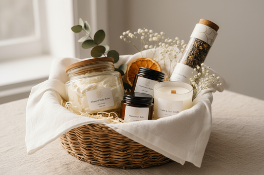 Pregnancy Self-Care Basket — a soothing collection handcrafted to support expecting mothers through every trimester. Each set includes our whipped Belly Butter, Magnesium Balm, Calming Candle, and Herbal Bath Soak,